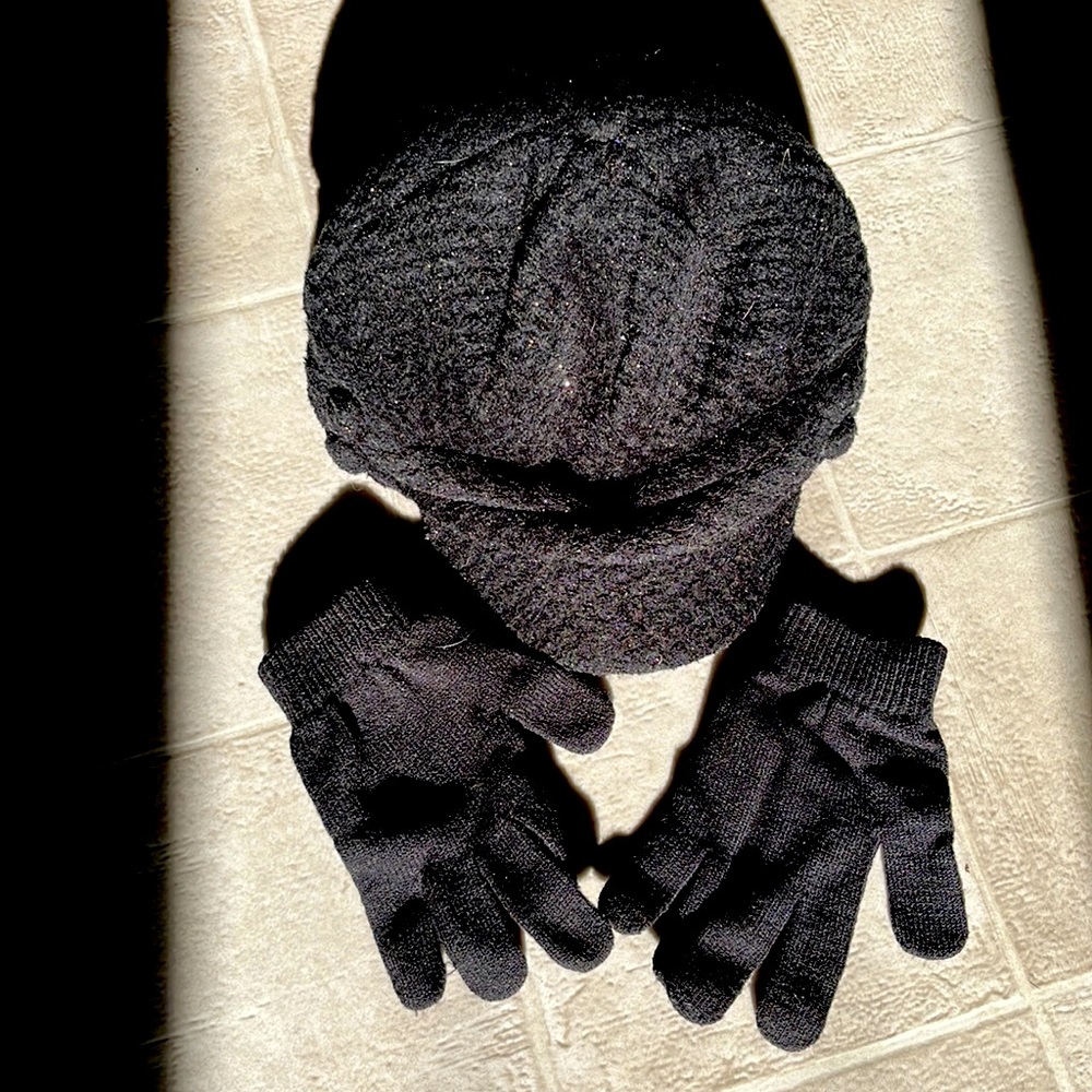 Hat and gloves set black brimmed beanie stylish silver shimmer in hat